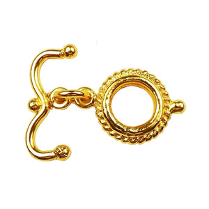 18K gold overlay toggle clasp with rope-edged round ring and curved bar, handcrafted jewelry finding from India