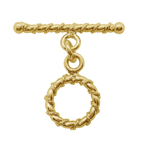 18K gold overlay toggle clasp with twisted rope circular ring and matching bar, handcrafted jewelry finding from India