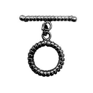 Black Rhodium Overlay textured circular toggle clasp with twisted bar, handcrafted in India for wholesale jewelry making.