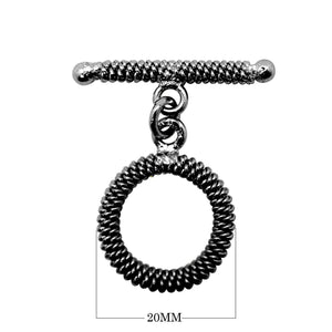 Black Rhodium Overlay coil pattern circular toggle clasp with textured bar, handcrafted in India for wholesale jewelry findings.