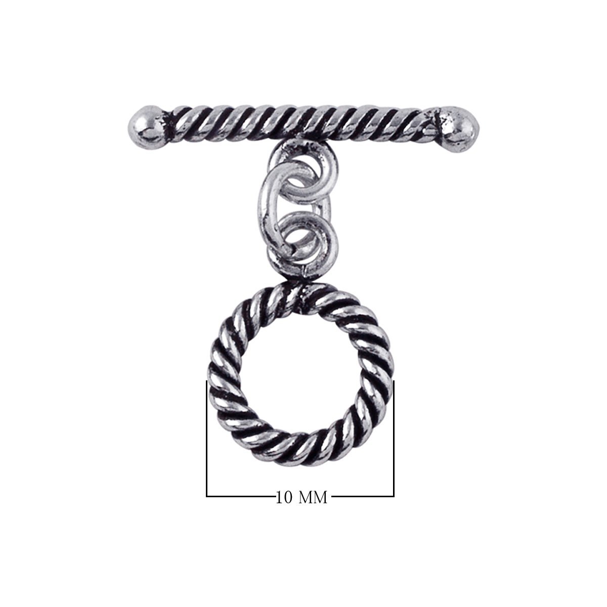 Silver Overlay rope design toggle clasp with twisted circular loop and matching bar, oxidized finish, wholesale jewelry making component.