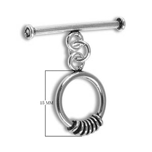Silver Overlay round toggle clasp with coil wire accent and straight bar, wholesale jewelry finding for bracelets and necklaces.
