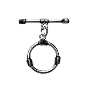 Silver Overlay toggle clasp with wrapped wire detailing on circular ring and bar, handcrafted in India for wholesale jewelry findings.
