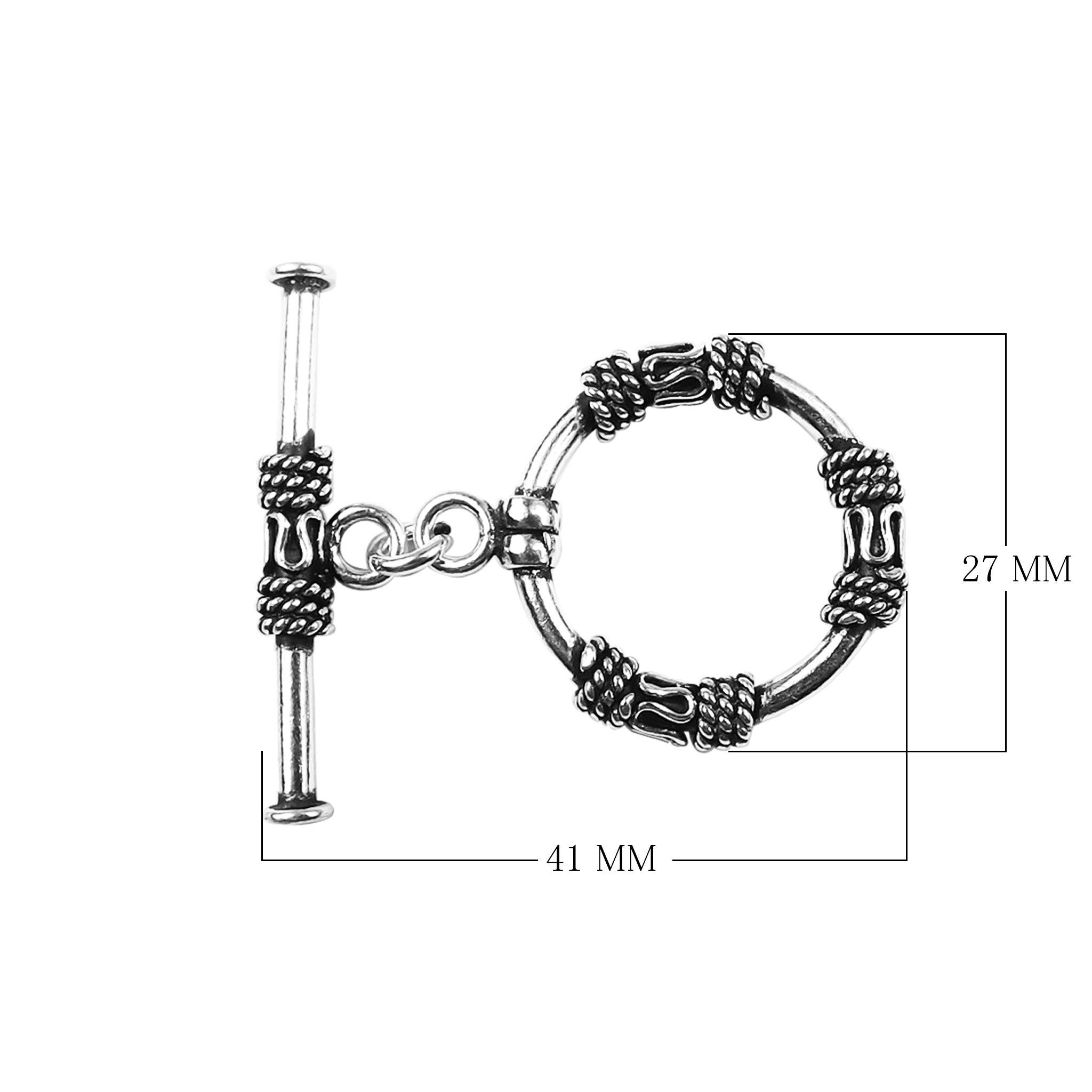 Silver Overlay ornate circular toggle clasp with rope-wrapped detailing and bar closure, handcrafted jewelry finding for wholesale buyers, handcrafted in India.
