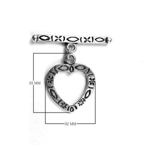 Silver Overlay floral heart toggle clasp with engraved heart-shaped loop and decorative bar, handcrafted jewelry finding for wholesale buyers, handcrafted in India.