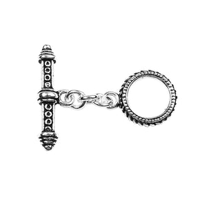 Silver Overlay toggle clasp with circular rope-edge ring and dotted bar design, handcrafted jewelry finding from India for bulk wholesale.