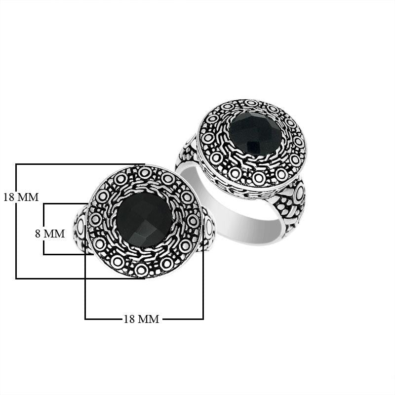 Wholesale sterling silver ring with round Black Onyx Quartz and engraved Balinese bezel.