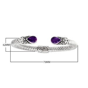 "Wholesale sterling silver cuff Bangle with teardrop Amethyst Quartz and Balinese rope design, handcrafted in Bali"
