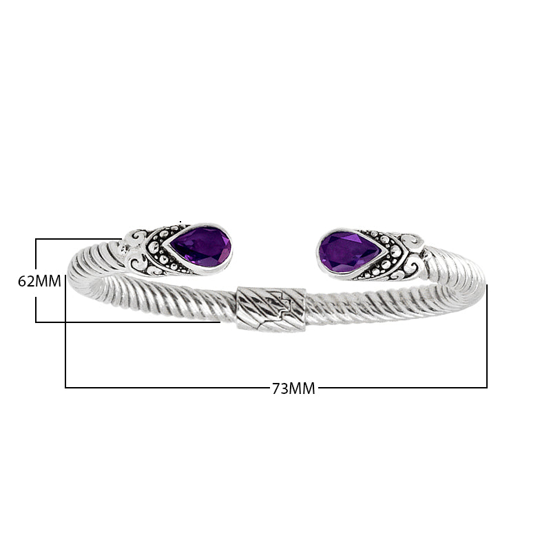"Wholesale sterling silver cuff Bangle with teardrop Amethyst Quartz and Balinese rope design, handcrafted in Bali"