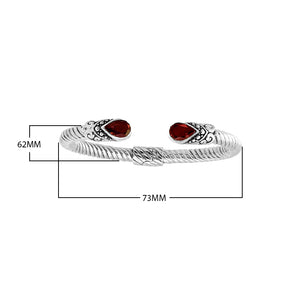 Sterling silver Balinese cuff Bangle with pear-shaped garnet, Quartz, and twisted cable design