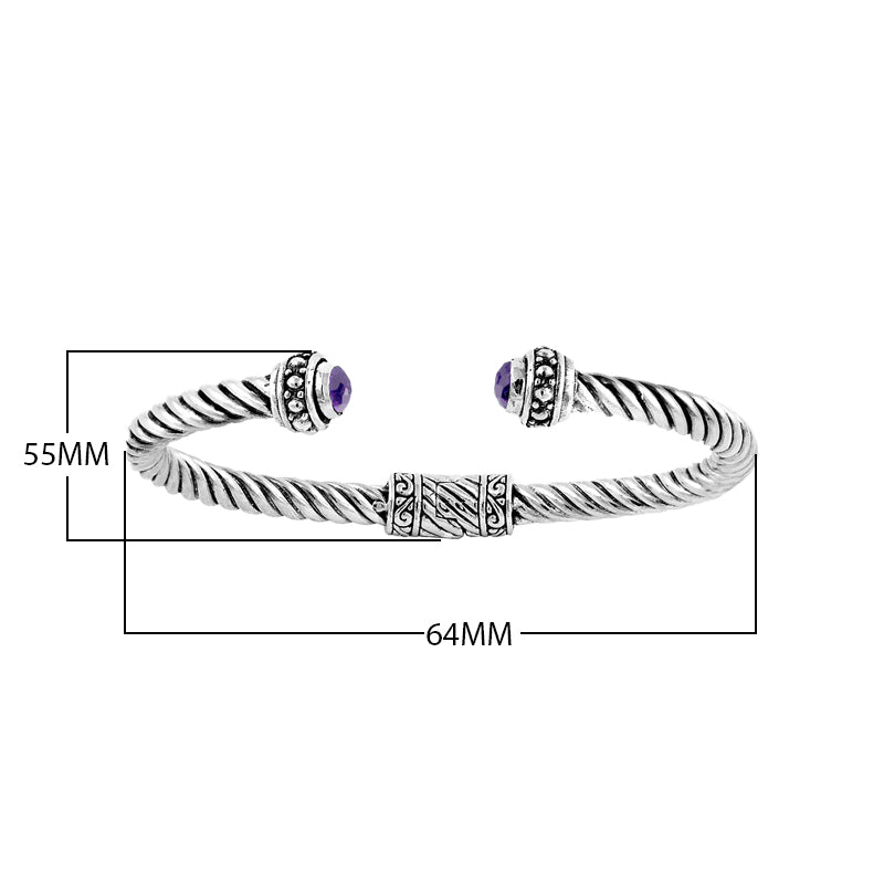Sterling silver Balinese cuff bangle with round amethyst quartz and rope-style band