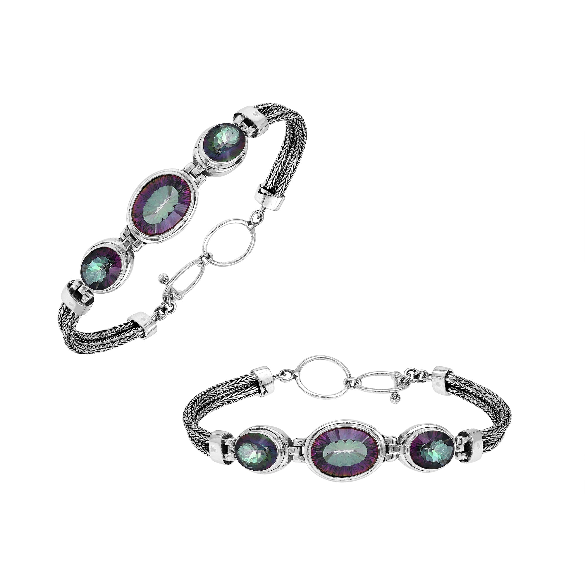 Sterling silver bracelet with three mystic quartz stones and woven Bali chain.