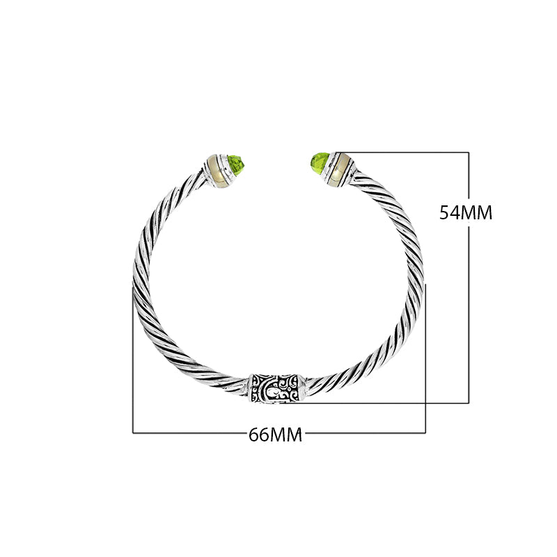 Wholesale sterling silver bangle with Peridot Quartz stones, twisted rope design, oxidized finish, and 18K gold plating, handmade in Bali.