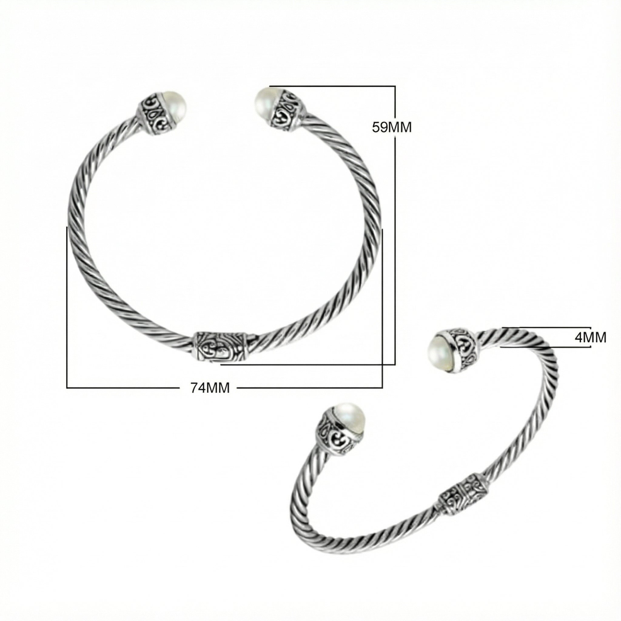 Wholesale sterling silver Pearl bangle with twisted rope design, oxidized finish, and Balinese motifs, handcrafted in Bali.
