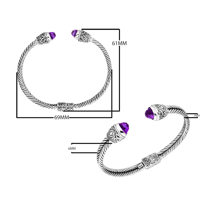 Wholesale sterling silver Amethyst Quartz bangle with twisted rope design, Balinese motifs, and oxidized finish, handcrafted in Bali.
