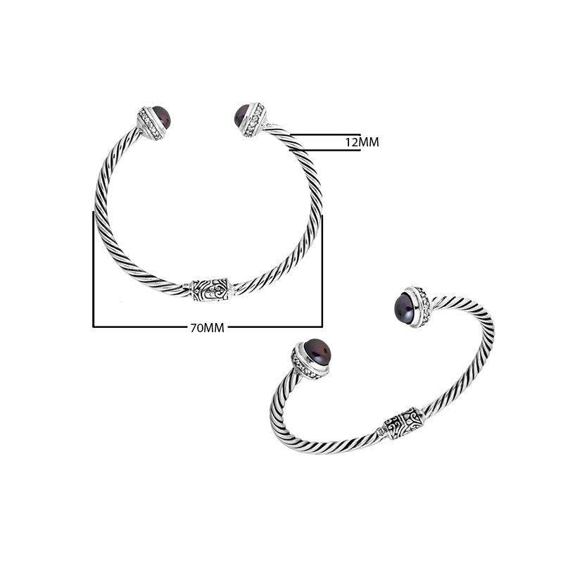 Sterling silver handcrafted bangle with gray pearl and cubic zirconia, twisted rope design, made in Bali.