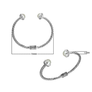 Sterling silver handcrafted bangle with pearl and cubic zirconia, twisted rope cuff made in Bali.