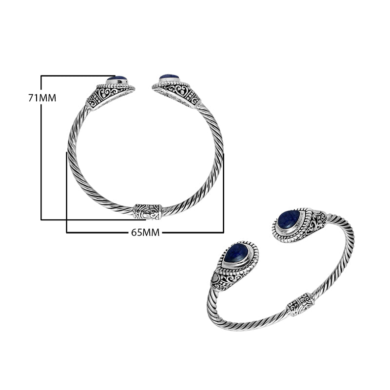 Sterling silver handcrafted bangle with sapphire quartz, twisted rope Balinese cuff.