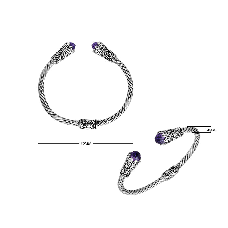Sterling silver handcrafted bangle with Amethyst Quartz, twisted rope Balinese design.
