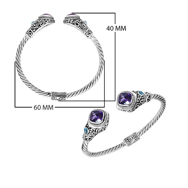 Wholesale Amethyst Quartz and Blue Topaz Sterling Silver bangle, handcrafted in Bali.
