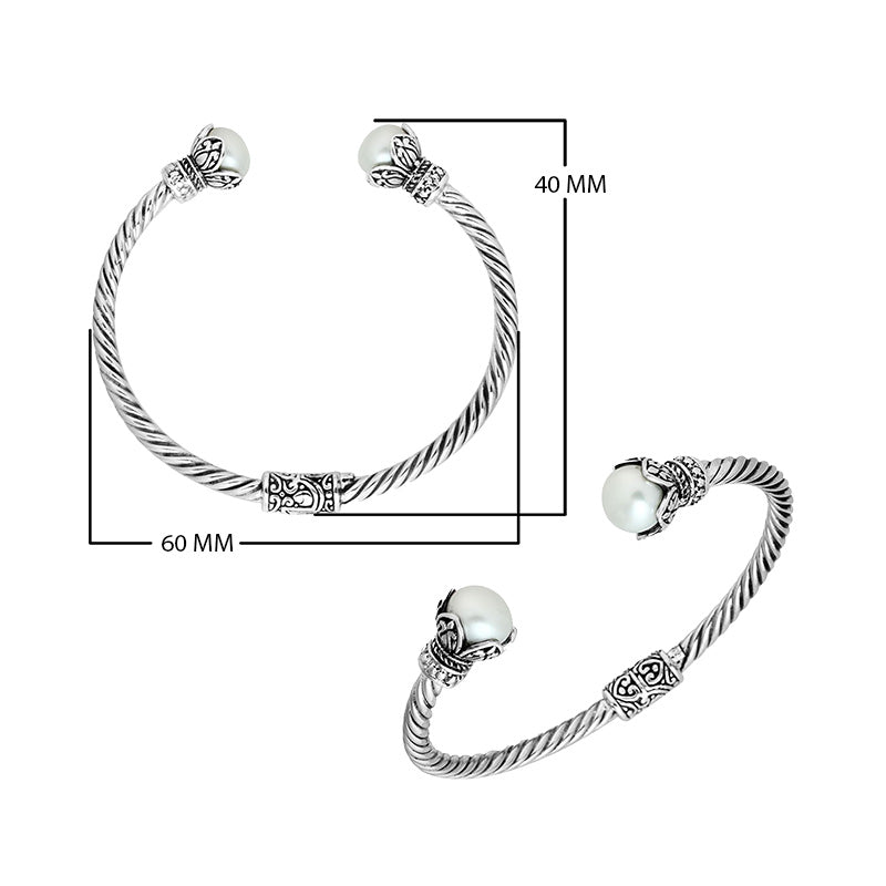 925 Sterling Silver Pearl Bangle with twisted cable design and Balinese handcrafted detailing