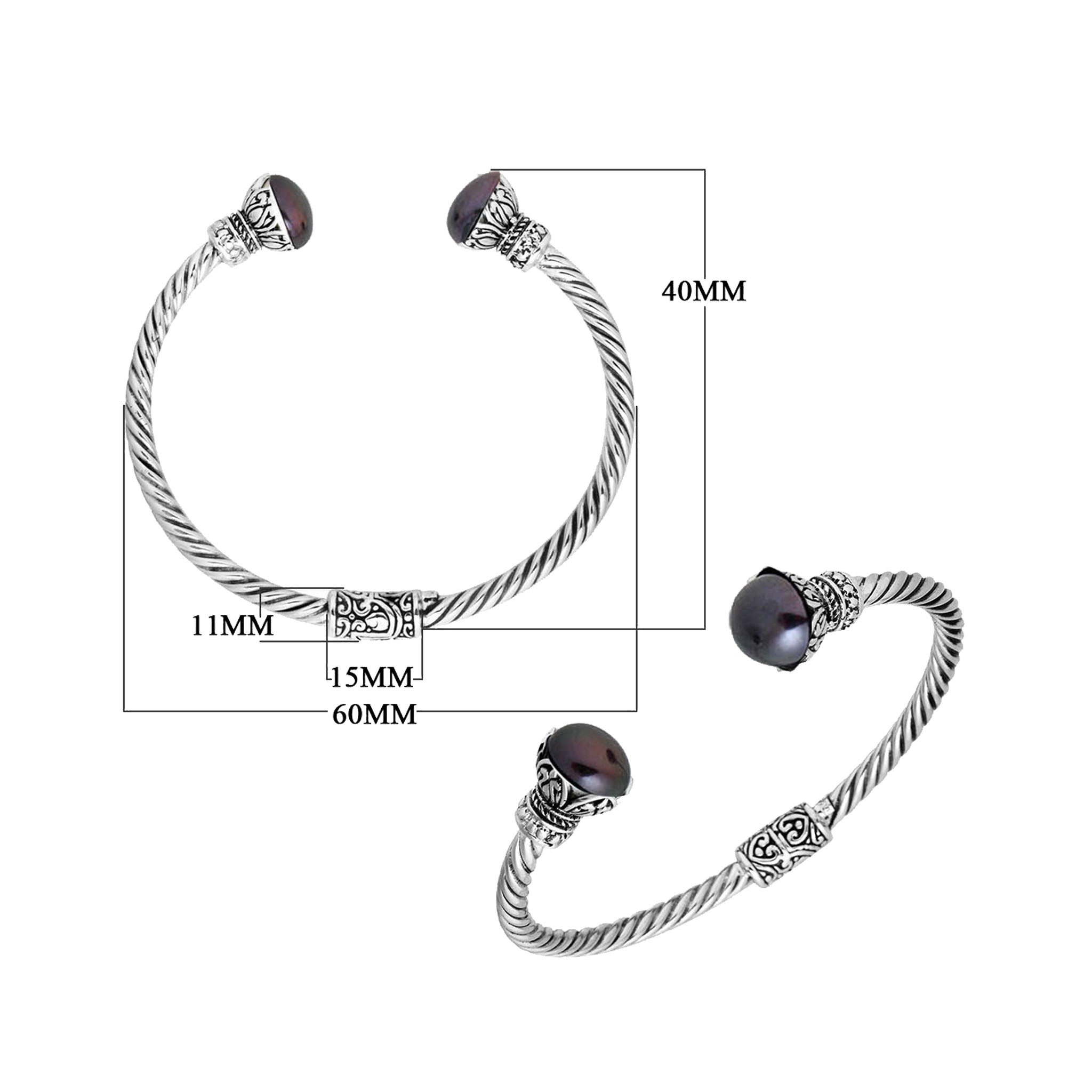 925 Sterling Silver Gray Pearl Bangle with twisted cable design and Balinese handcrafted detailing