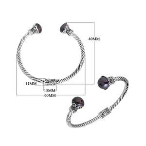 925 Sterling Silver Gray Pearl Bangle with twisted cable design and Balinese handcrafted detailing
