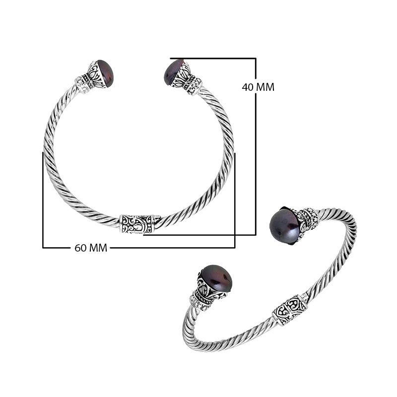 925 Sterling Silver Gray Pearl Bangle with twisted cable design and Balinese handcrafted detailing