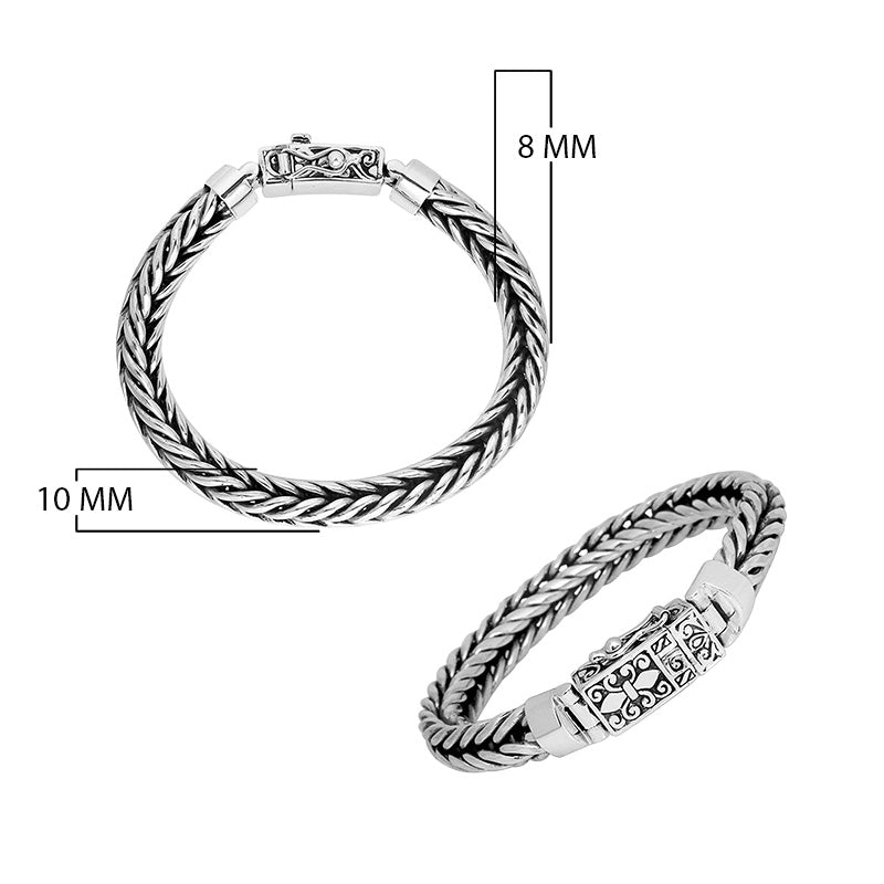 Two-view product image of a double-braided sterling silver bracelet with an engraved decorative clasp on a white background.