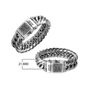 Two-view image of a 21MM wide sterling silver curb bracelet with an engraved decorative box clasp, shown on a white background.