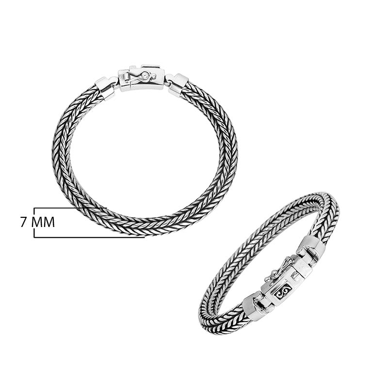 Two-angle product image of a 7MM 925 sterling silver woven rope bracelet with a secure latch clasp, shown on white background.