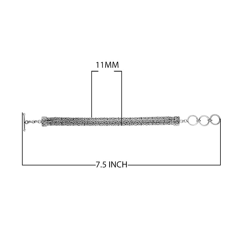 925 sterling silver 3 mm Bali chain bracelet with oxidized finish and toggle clasp.