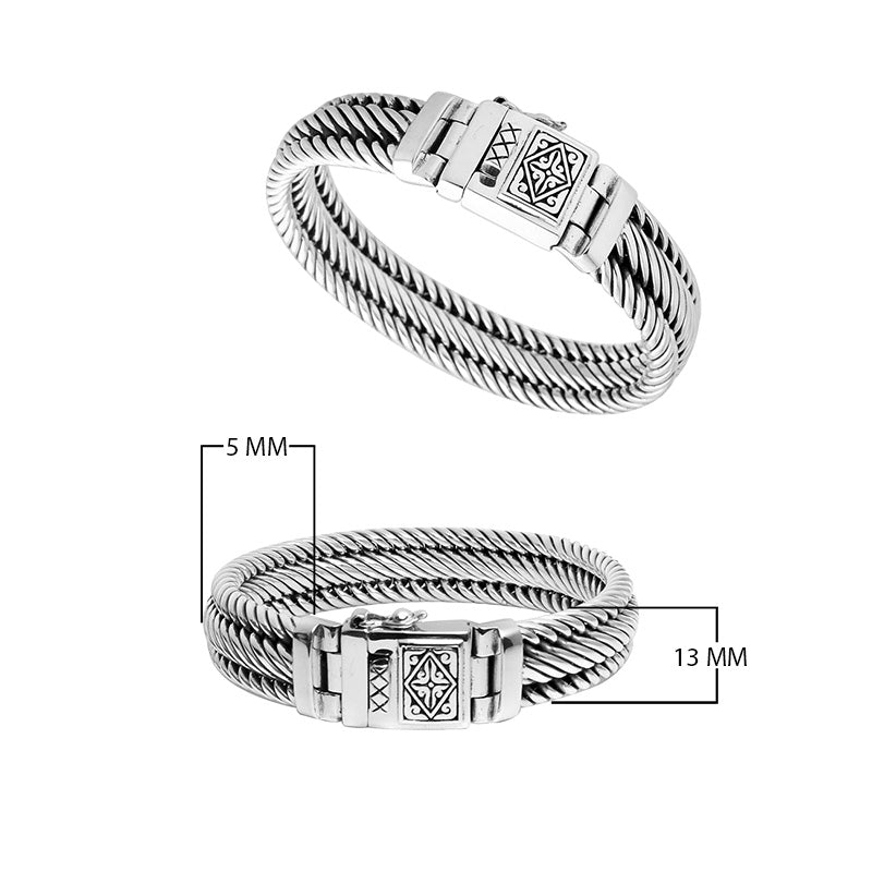 925 sterling silver 4x13 mm twisted Bali bracelet with oxidized rope design and engraved clasp.