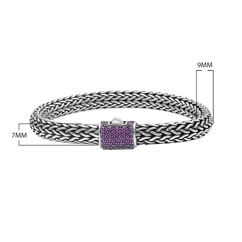 925 sterling silver woven Bali bracelet with Amethyst Quartz stone clasp and oxidized finish.