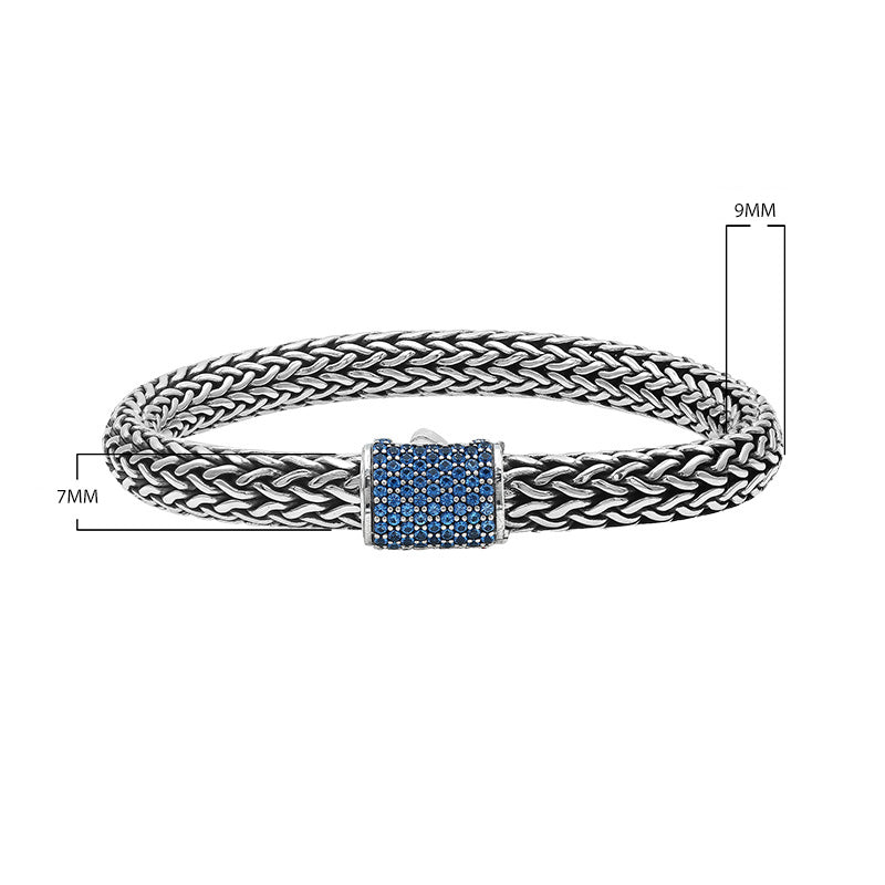 925 sterling silver Bali bracelet with Blue Topaz Quartz clasp and oxidized finish.