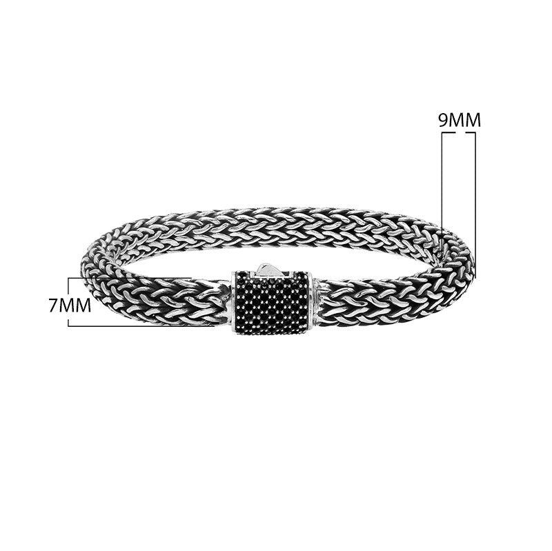 925 sterling silver woven Bali bracelet with Black Cubic Zirconia clasp and oxidized finish.