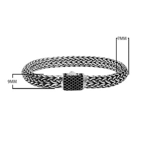 925 sterling silver woven Bali bracelet with Black Cubic Zirconia clasp and oxidized finish.