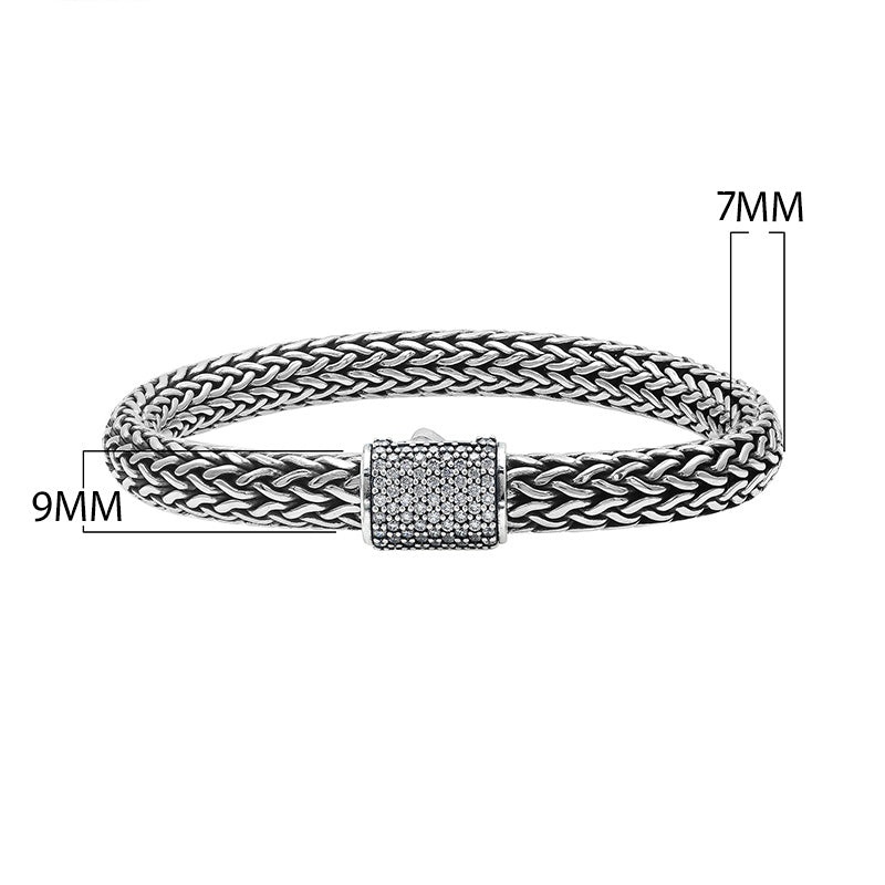 925 sterling silver woven Bali bracelet with White Cubic Zirconia clasp and oxidized finish.