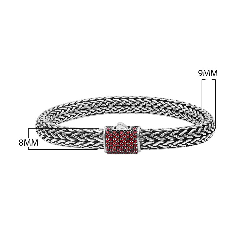 925 sterling silver woven Bali bracelet with Garnet Quartz clasp and oxidized finish.