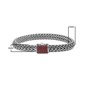 925 sterling silver woven Bali bracelet with Garnet Quartz clasp and oxidized finish.
