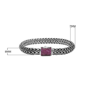 925 sterling silver woven Bali bracelet with Ruby Quartz clasp and oxidized finish.
