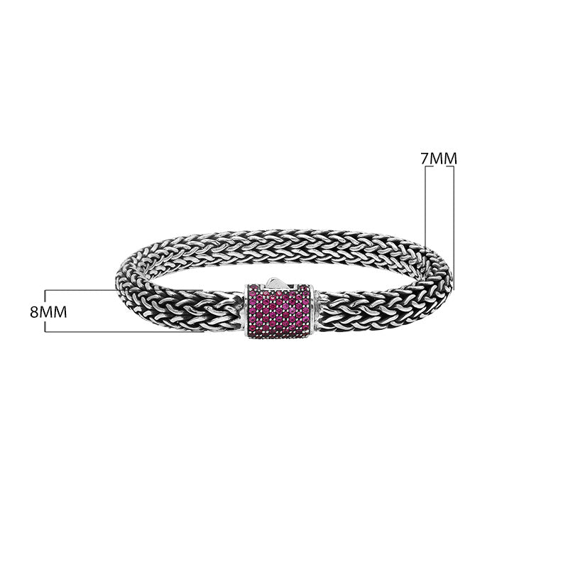 925 sterling silver woven Bali bracelet with Ruby Quartz clasp and oxidized finish.