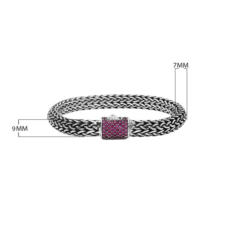 925 sterling silver woven Bali bracelet with Ruby Quartz clasp and oxidized finish.