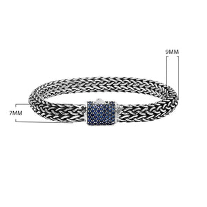 925 sterling silver woven Bali bracelet with Sapphire Quartz clasp and oxidized finish.