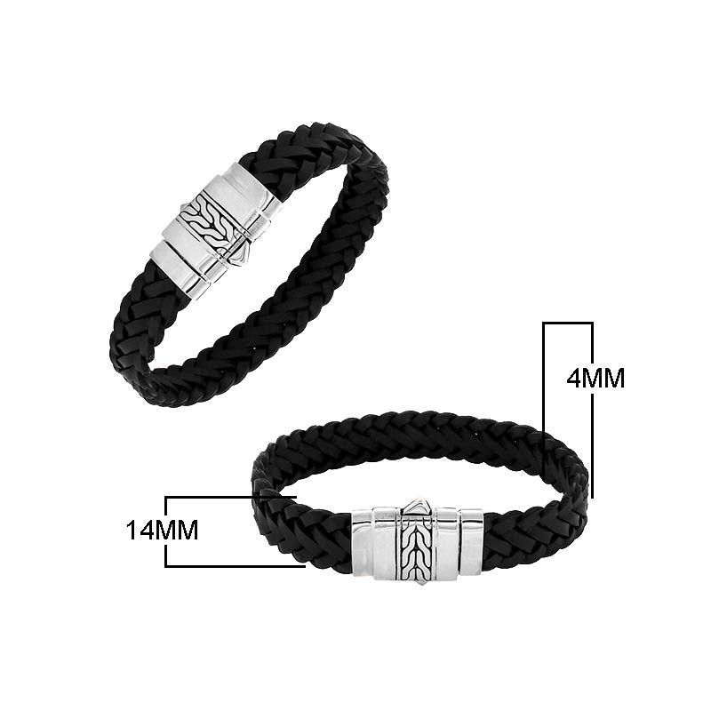 Sterling silver bracelet with black braided leather band for wholesale