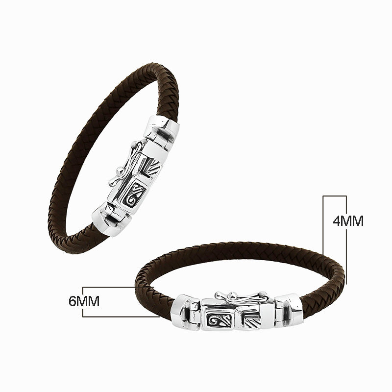 Sterling silver bracelet with brown braided leather and box clasp for wholesale