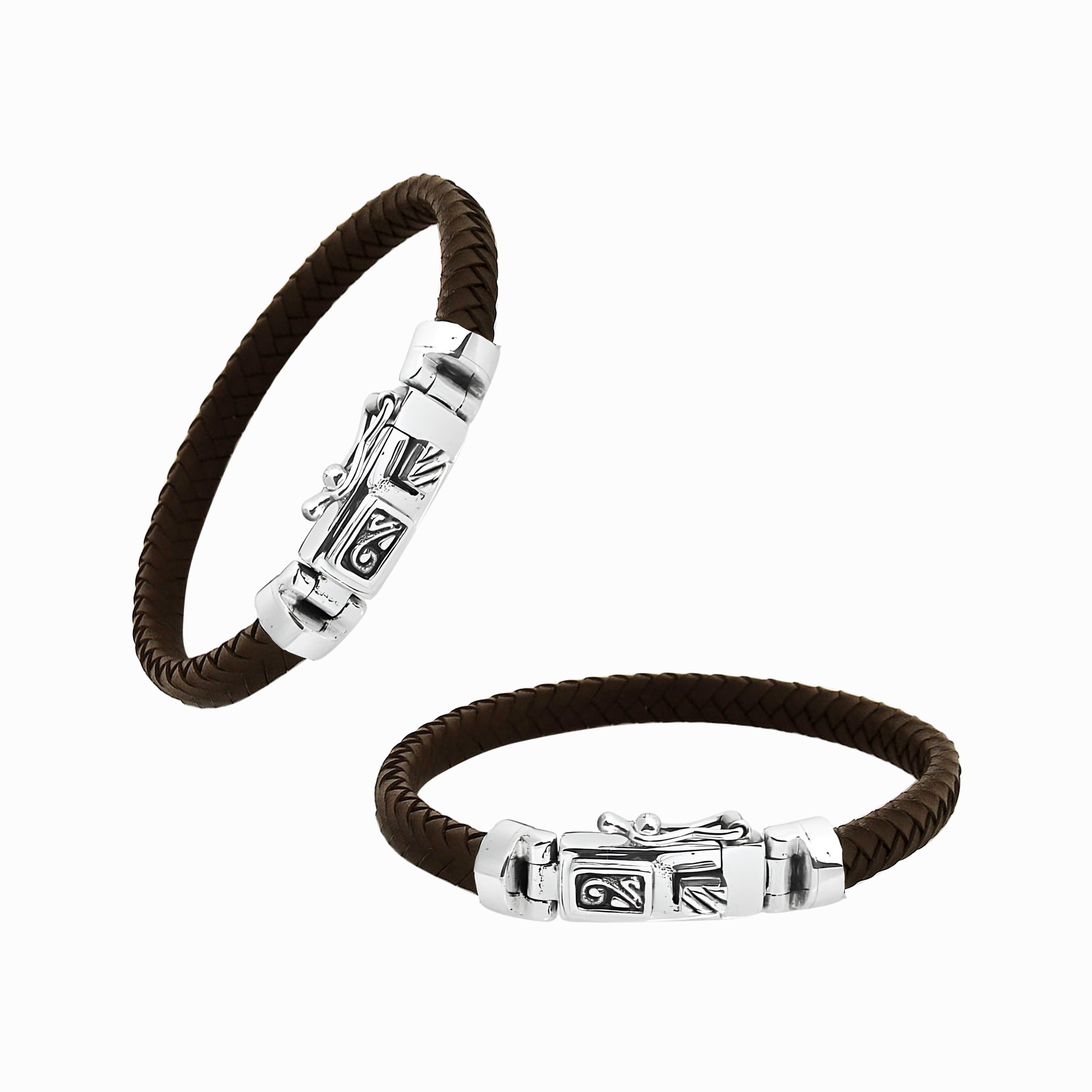 Sterling silver bracelet with brown braided leather and box clasp for wholesale
