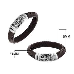 Sterling silver bracelet with brown braided leather and ornate box clasp for wholesale