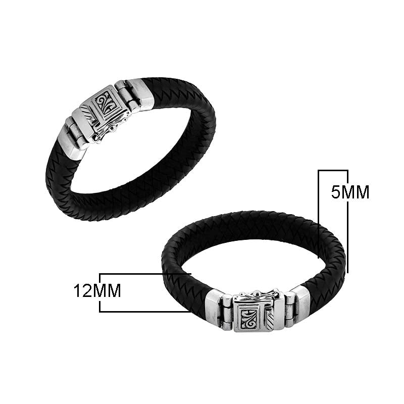 Sterling silver bracelet with black braided leather and carved box clasp for wholesale
