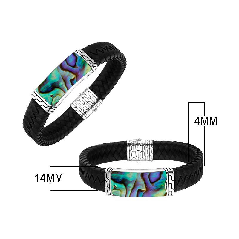 Sterling silver bracelet with black braided leather and abalone shell inlay for wholesale